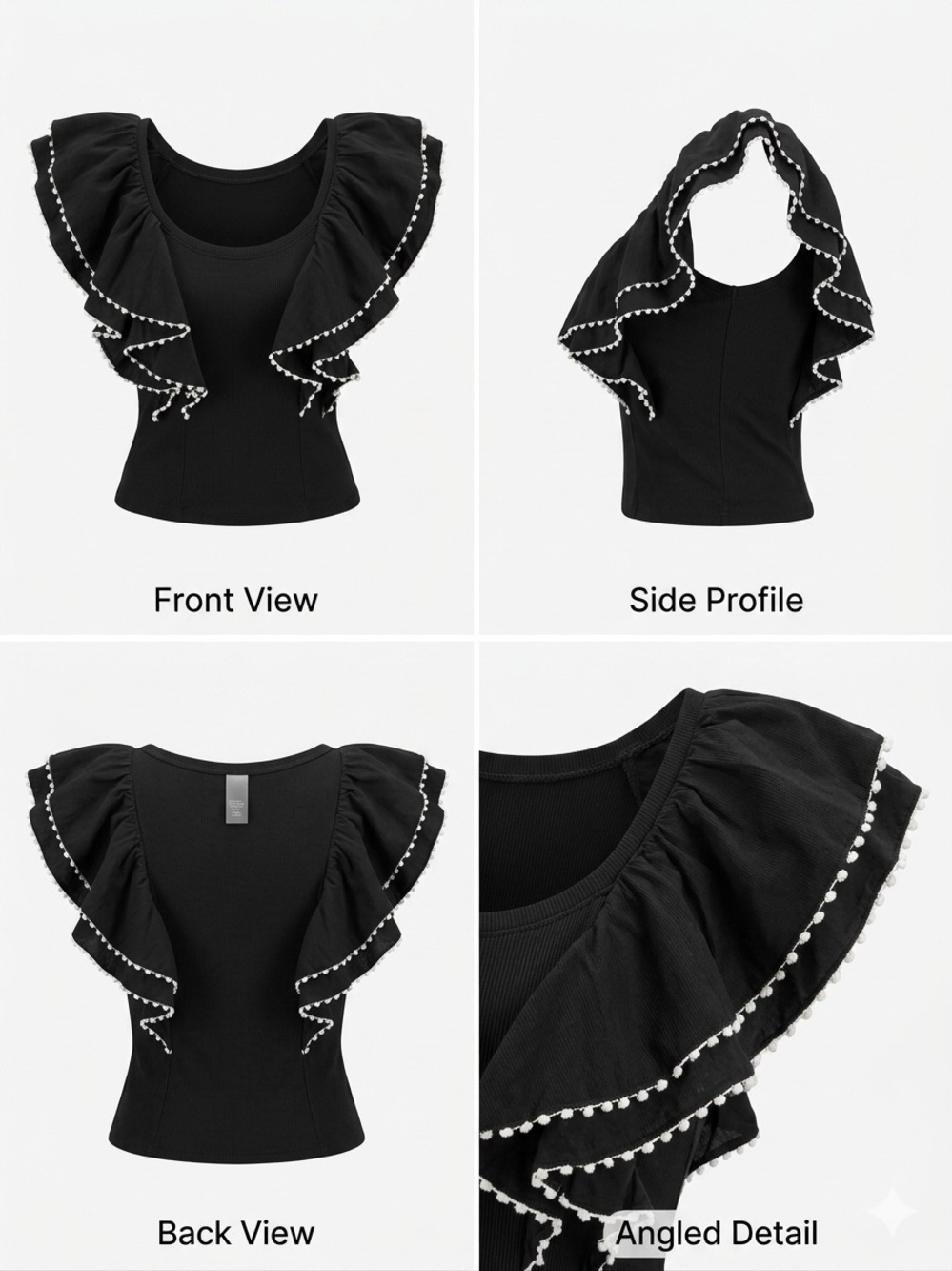 Anthropologie Black Ribbed Flutter Sleeve Pom Trim Nit Top Medium - Picture 4 of 8